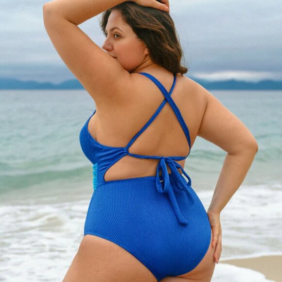 Berlook Blue V-Neck Ring One-Piece Swimsuit | Size 20 | 2X | NWT | X-Back - Picture 2 of 4